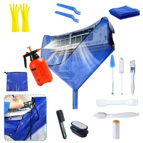 ZSPLIT-MAIR Kit de nettoyage mini split tout-en-un avec pulvérisateur à pression, sac de nettoyage de climatiseur réutilisable et étanche, 16 outils pour entretenir le climatiseur(16 pièces, bleu)
