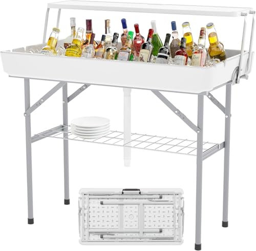 LHBcraft Outdoor Eiskühler, Klapptisch mit extra Ablagefläche, Eistische für Partys mit Abfluss, Kühl-Server für Camping, Picknick, Hochzeit, Grillen (weiß)