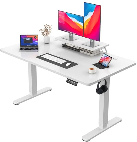 JUMMICO Electric Standing Desk with Monitor Stand, 140x60cm Height Adjustable Desk, Office Table with 2 Memory Smart Pannel,White