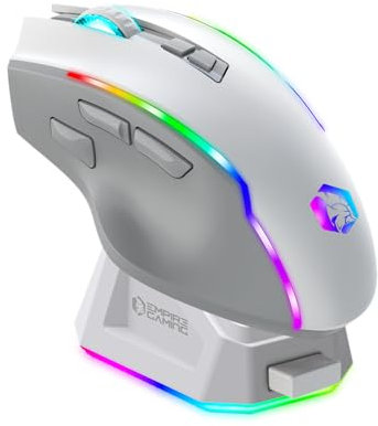 EMPIRE GAMING RF908 - Souris Gamers sans Fil Rechargeable avec Station de Recharge Magnétique RGB - 10000 DPI 8 Boutons Programmables Modes WiFi 2.4GHz / BT/Filaire Via USB-C (Blanc)