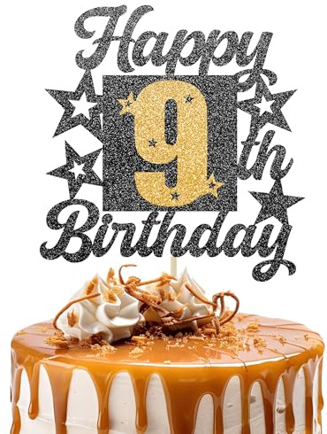 Happy 9th Birthday Cake Topper - Cheers to 9 Years Black Gold Glitter - 9 & Fabulous Cake Decoration - Kids Birthday Cake Topper for Girls or Boys - Party Supplies