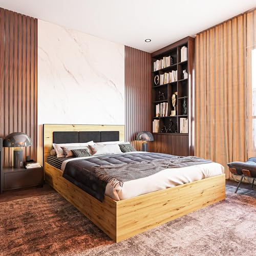 FURNISTAR Doppelbett ARTIS 140x200 mit Bettkasten - Holzbett Bettrahmen Lattenrost und Kopfteil Bett aus Holzwerkstoff Artisan Eiche mit Stauraum - Schwarz