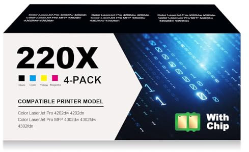 Mit Chip - 220X Toner für HP 220A 220X Tonersatz Kompatibel Farblaserjet Pro MFP 4302dw 4302fdw 4202dw 4202dn 4302fdn Schwarz Cyan Gelb Magenta W2200A 4er Pack