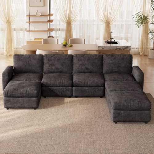Guyii Modulares Sofa in Dunkelgrau, Eckcouch mit Schlaffunktion – Bequeme Sofas & Couches für Wohnzimmer, Vielseitige Schlafcouch mit weichem Stoff ((7 Sitzplätze (4 Sitze und 3 Ottomanen)))