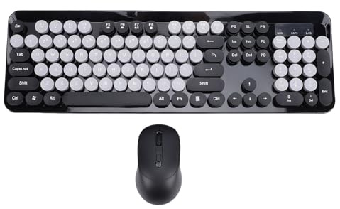 ASHATA Wireless Cute Keyboard and Mouse, 104 Keys Typewriter Style 2.4GHz Wireless Keyboard, Retro Round Keycaps with 12 Multimedia Hotkeys for PC Laptop Desktop (Black)