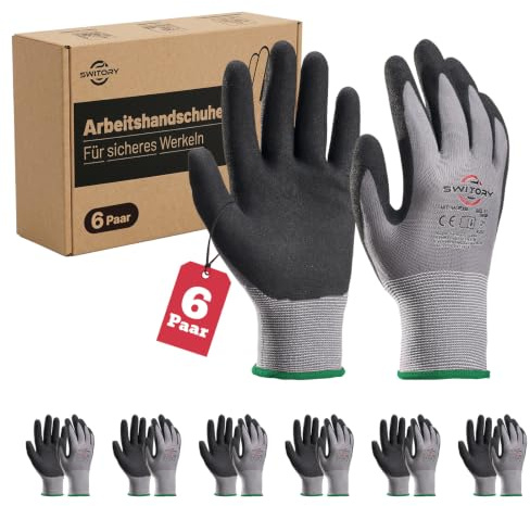 Switory 6 Paar Arbeitshandschuhe Nitril Beschichtet, Atmungsaktive Schutzhandschuhe Rutschfest, Elastische Feinstrick Handschuhe für Heimwerker, Garten (Größe 9/L)