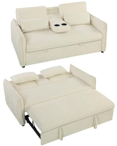 HOMCOM Schlafsofa 2-Sitzer mit Schlaffunktion 3-in-1 141x 180cm Beige | Ausziehbare Schlafcouch, Verstellbare Rückenlehne, Seitentaschen, 2 Kissen, Getränkehalter, Chenille-Optik, Wohnzimmer