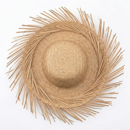 Ameble Handgewebter natürlicher Pava-Strohhut mit Fransenkrempe, leichter mexikanischer Sommerhut für Damen und Herren, Strandurlaub, Sonne