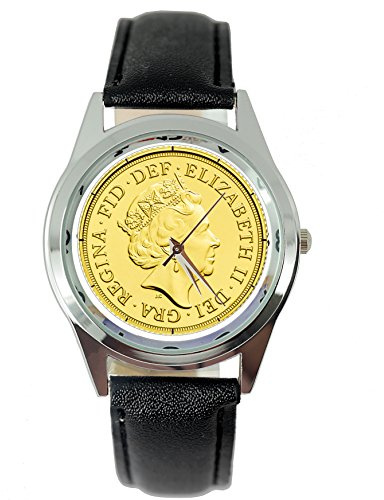 TAPORT® Queen Elizabeth Gold Münze Quarz Runde Uhr Schwarz Echtleder Band, Gurt