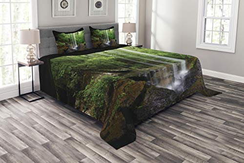 ABAKUHAUS natürliche Höhle Tagesdecke Set, Northern Alabama, Set mit Kissenbezügen Sommerdecke, für Doppelbetten 264 x 220 cm, Braun Grün