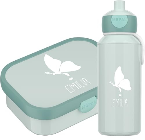 4youDesign Mepal Set Brotdose & Trinkflasche personalisiert mit Namen – Silhouette Schmetterling – Auslaufsicher, Bento Einsatz rausnehmbar, inkl. Snackgabel – BPA frei - (Cool Mint)