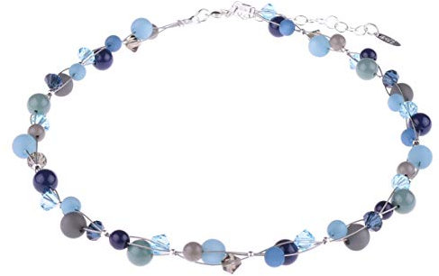 Zarte geflochtene Damenkette Heidi von Adi Modeschmuck, Polaris-, Acryl und Glasperlen, verflochten auf 3 nylonummantelten Stahlfäden, handgefertigt in Berlin (Dunkle Blau- und Grautöne)