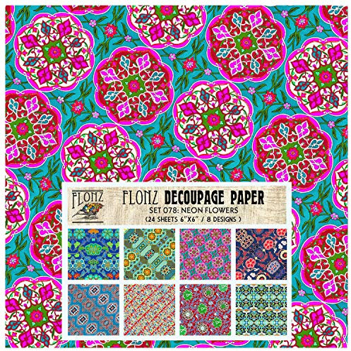 Decoupage Paper Pack (24 Sheets 6x6) Neon Flowers Patterns FLONZ Vintage Styled Paper for Decoupage, Craft and Scrapbooking