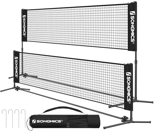 SONGMICS Badminton Net, Height Adjustable Volleyball Net, Pickleball Net for Junior Tennis, Kids, Indoor Outdoor Court, Foldable Nylon Net with Poles 10ft/13ft/16.5ft Wide