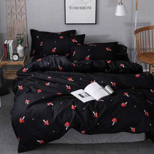 Mushroom Bedding Set Double Girls boys Cute Mushrooms Decor Duvet Cover Reversible Kawaii Cartoon Fungus Botanical Plants Comforter Kids Teens Types of Mushrooms Red Black Bedding Set 2 Pillow Cases