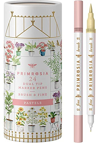 Primrosia 24 Pastel Dual Tip Markers, Fine Tip and Brush Pens. Perfect for art, illustration, drawing, calligraphy and bullet journals