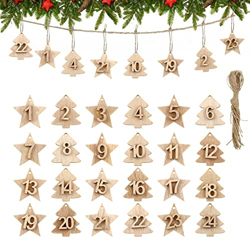 LIHAO Adventskalender 24 Zahlen Holz Anhänger Weihnachtsanhänger Weinhnachten Countdown Zahlen Holzzahlen Adventskalender zum Basteln Holzverzierungen für Weihnachtsbaum Geschenk deko