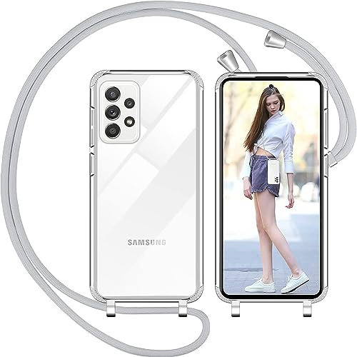 Nupcknn Handykette Hülle für Samsung Galaxy A52/A52S 4G/5G Hülle TPU Bumper+PC Back Necklace(abnehmbar) Transparent Hülle mit Kordel zum Umhängen Handy Schutzhülle mit Band(Grau)
