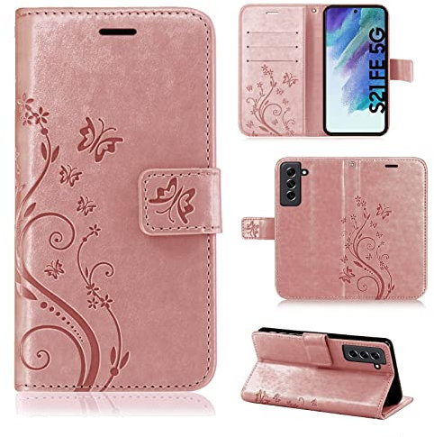 betterfon Hülle Kompatibel mit Samsung Galaxy S21 FE | Premium PU Leder Handyhülle Wallet Case für Galaxy S21 FE | Schutzhülle Blumen Klapphülle Handyhülle | Rosegold