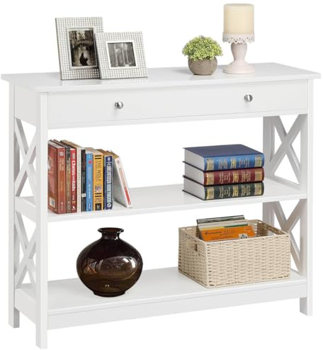 Yaheetech Table Console, Table d'Entrée en Bois à 3 Niveau avec 1 Tiroir, 100 x 30 x 80 cm, Pied en Bois Massif, Style Néo-rétro, Blanc, Salon Couloir
