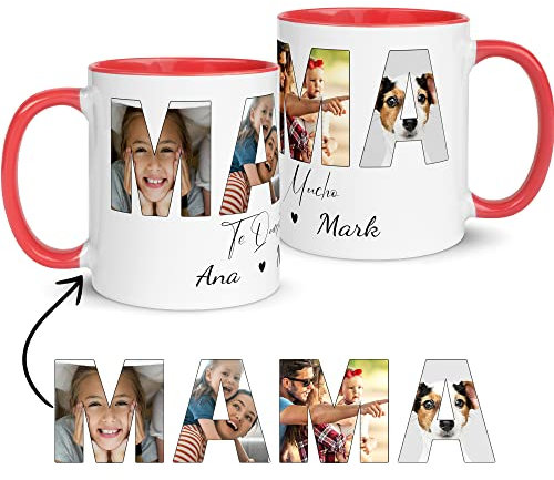 Zumo Digital Taza Personalizada con Foto - Taza con 4 Fotos para Mama - Regalo Día de la Madre - Te Queremos Mucho (Rojo)