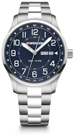 WENGER Herren Armbanduhr Attitude Ø 42 mm, Swiss Made, Analog Quarz, Wasserdicht bis 100 m, Edelstahl-Armband, Blau/Silber, 01.1541.125
