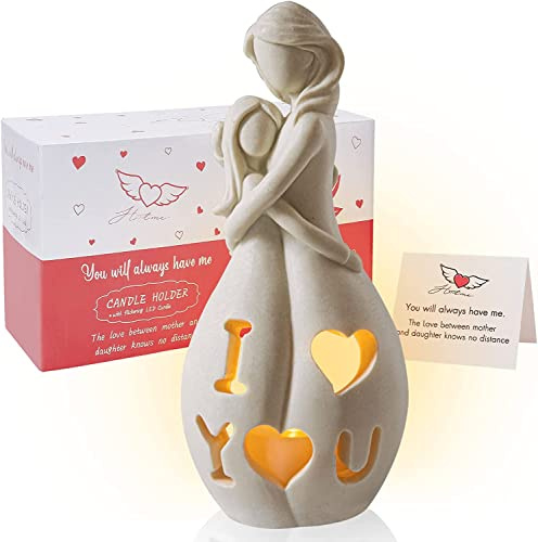 CHUANGLI Mother and Daughter Candle Holder Statue with Flickering Led Candle Gift for Mother's Day, Mom's Gift from Daughter, Son, Birthday Gift for Mom, Mother of the Bride Gifts (WTO131)