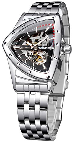 FORSINING Skelett-Uhren für Herren, automatische mechanische Uhr mit dreieckigem Zifferblatt, leuchtende selbstaufziehende Uhren, Edelstahlarmband oder weiches Silikonarmband, Silber-T, Lässiger Stil
