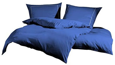 Lorena Uni Mako-Satin Bettwäsche Classic Zierstich Marine, 1 Bettbezug 135 x 200 cm + 1 Kissenbezug 80 x 80 cm