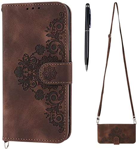 TOUCASA Compatible with iPhone 12 Mini Case (5.4 Inch) with Adjustable Necklace Strap Cord Lanyard, PU Leather Flip Wallet Crossbody Case Silicone Bumper Cover with Card Slots Magnetic (Brown)