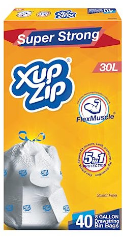 XupZip Drawstring Bin Bags – 30L Heavy-Duty Bin Liners Bags with Secure-Fit Closure – Strong Flex-Power Trash Bag with Leak, Puncture & Rip Protection, 2 Rolls (40 Pcs)