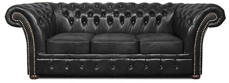 Chesterfield Sessel Winfield Basic Leder | Weiß | 2 bis 4 Wochen Lieferzeit (Shiny Schwarz, 3-Sitzer)