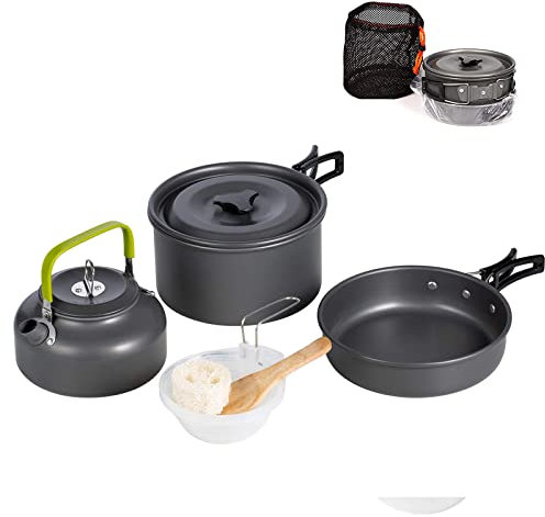 Outdoor Camping Cookware Mess Kit, with Folding Cookset Teapot and Pans Set, Non-Stick Lightweight Pots, Mesh Storage Bag for Camping, Backpacking, Cooking