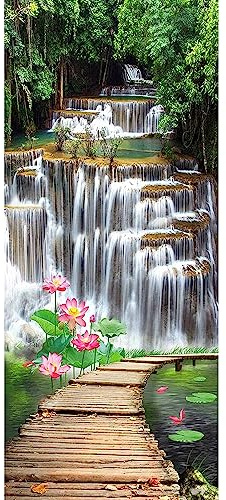 SHEGZHUC Wasserfall Diamant Malerei 50 x 110 cm – Wasserfall, Brücke, Lotusblüte, Wald – Landschaft Diamant Malerei