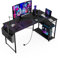 BEXEVUE Escritorio de Esquina con Regleta Enchufes - 120x70 cm Mesa de Ordenador en Forma L, Estantes de Almacenamiento, Oficina Esquina Reversible Desk para Estudio Trabajo Dormitorio Hogar Negro