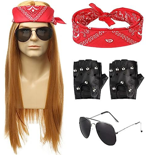 KARLOR Perücke Herren Rocker Kostüm Rockstar Perücke Rapper 80er Perücken Vokuhila Punker Kostüm 80er Jahre Outfit Herren Punk Disco Kostüm Perücke mit Kopfschal,Sonnenbrille,Lederhandschuhe(Golden)