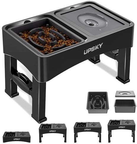UPSKY 2-in-1 Elevated Bowls Slow Feeder, 4 Height Adjustable Raised Stand No Spill Water Dispenser, Anti-Slip Food and Water Bowl for Small Medium Dogs, Black