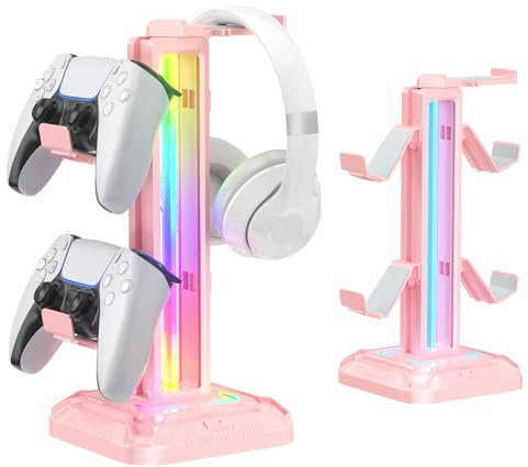 KDD RGB Headset Stand with 9 Light Modes - Gaming Controller Holder for Desk - Rotatable Headphone Stand & Detachable Controller Hook for Gamer Gaming PC