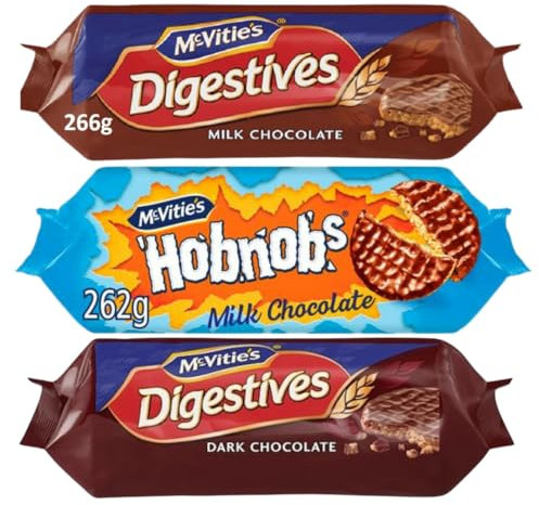 Hobnobs Milk Chocolate Biscuits 262g With Dark Chocolate Digestive Biscuits 266g & Milk Chocolate Digestive Biscuits 266g - Bundle Consisting of Mixed McVitie's x3 Pack