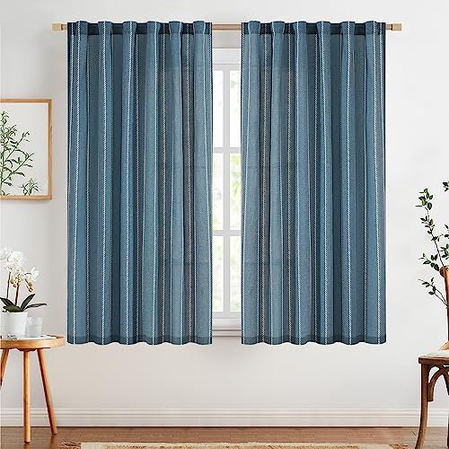 TOPICK 2er Set H 145 x B 140 (cm) Gardinen in Blau für Wohnzimmer Schlafzimmer Küche Leinen Gestreifte Vorhänge Streifen Gardinen mit Tunnelzug Landhausstil Moderne Halbtransparent Vorhänge