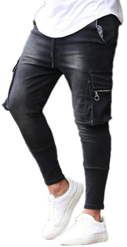 Osheoiso Jean Troué Homme Skinny Casual Slim Fit Pantalon Denim Styles Déchiré Sport Trousers avec Fermeture Éclair Casual Pants Trekking Outdoor Cargo Vintage I Noir L
