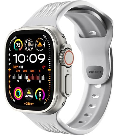 LULULOOK FKM Sport Correa Pulsera para Apple Watch ultra 2 49mm 46mm 45mm 44mm 42mm pulsera de reemplazo de hebillas impermeables para iWatch series 10 9 8 7 se 6 5 3 2 1(Gris de la luna)