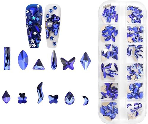 Jollin 120 dijes de cristal con parte trasera plana, piedras preciosas para arte de uñas, 1 caja de zafiro multiformas