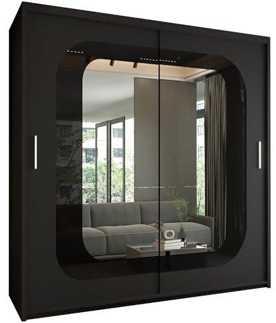 FURNITUREWAVE Minosa Sliding Mirror Doors Wardrobe For Modern Bedroom Furniture Cupboard with Space Saving Shelves and Hanging Rails (Black/Black, 203cm)