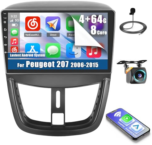 Inefala 8 Núcleos 4+64G Android 15 Radio para Peugeot 207 207 CC 2006-2015, 9 Pulgadas HD Pantalla Táctil con Inalámbrico CarPlay y Android Auto, Navegación GPS, AHD Cámara Trasera, FM/RDS, Bluetooth