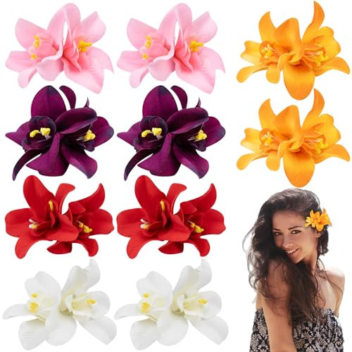 10 Pièces Hawaii Fleur Pince Cheveux Femme, été Barrette Cheveux Fleur Fille, Orchidées Doubles Pince à Cheveux Fleur Clip pour Coiffure de Carnaval Danseuse Piscine Plage Fête Mariage (10pcs Fleur-2)