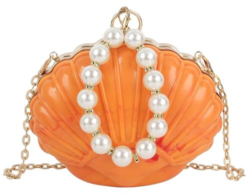 MilyaDE Damen Transparente Clutch Mini Acryl Klare Muschel Geldbörsen Durchsichtige Schultertasche Umhängetaschen Handtasche mit Perlen Ketten, Orange
