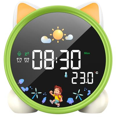 LEMNOI Reveil Enfant Réveil Educatif Jour Nuit 5 Couleurs Reveil Digital Lumineux LED Lampe de Chevet Tactile Enfant avec Musique,Double Alarme,Température,Fonction Snooze (Vert)