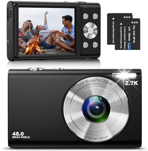 Macchina Fotografica Digitale Fotocamera Compatte, 48M 2.7K HD Fotocamera con Zoom Digitale 16X, Ricaricabile Macchina Fotografica per adolescenti, adulti, principianti(Nero)