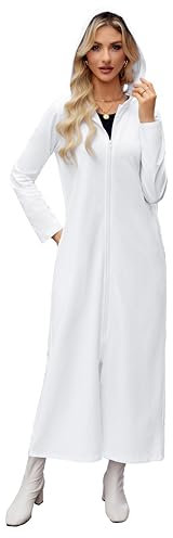 VOGMATE Damen Morgenmantel Reißverschluss Leichter Lang Bademantel mit Kapuze Baumwolle Kuschelig Hausmantel Dünn Hoodies und Sweatshirts WeißXL